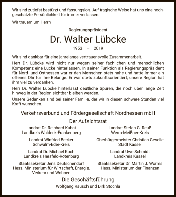 Traueranzeige von Walter Lübcke von Eschwege