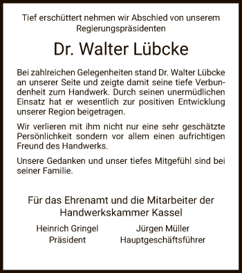 Traueranzeige von Walter Lübcke von Eschwege