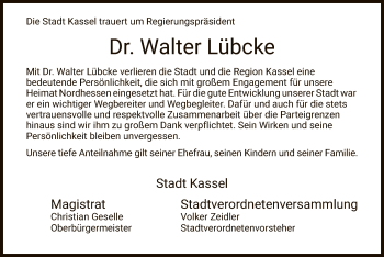 Traueranzeige von Walter Lübcke von Eschwege