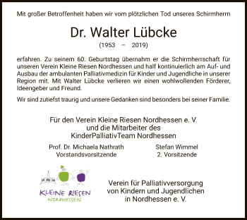 Traueranzeige von Walter Lübcke von Eschwege