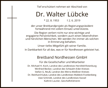 Traueranzeige von Walter Lübcke von Eschwege