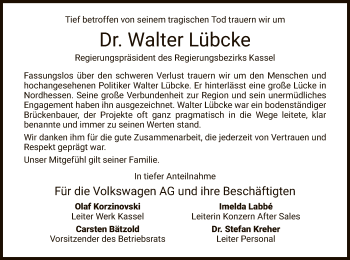 Traueranzeige von Walter Lübcke von Eschwege