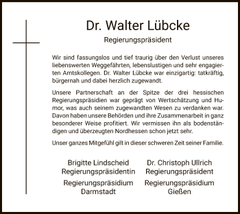 Traueranzeige von Walter Lübcke von Eschwege