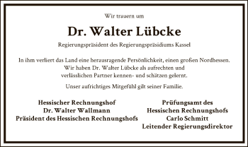 Traueranzeige von Walter Lübcke von Eschwege