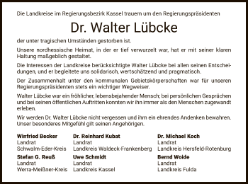 Traueranzeige von Walter Lübcke von Eschwege