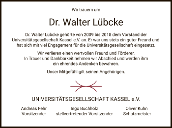 Traueranzeige von Walter Lübcke von Eschwege