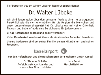 Traueranzeige von Walter Lübcke von Eschwege