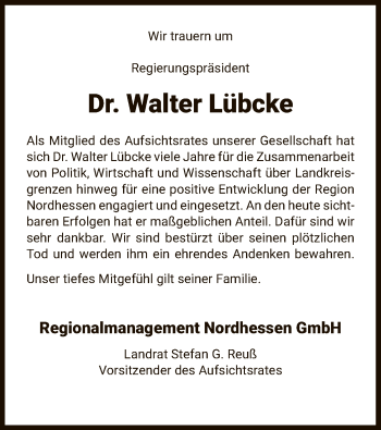 Traueranzeige von Walter Lübcke von Eschwege