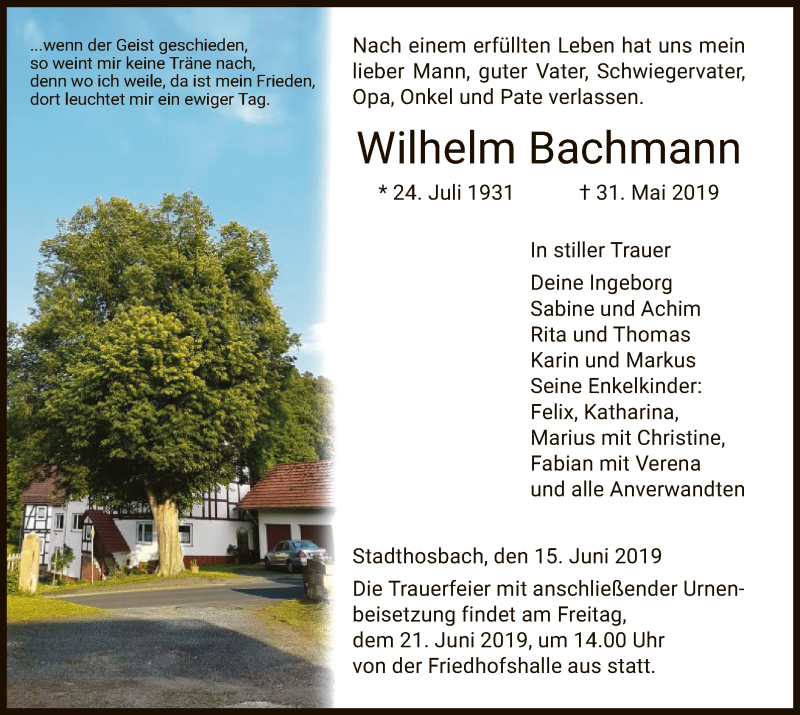  Traueranzeige für Wilhelm Bachmann vom 15.06.2019 aus Eschwege