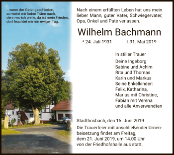 Traueranzeige von Wilhelm Bachmann von Eschwege