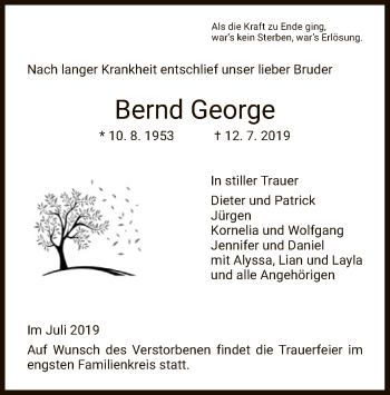 Traueranzeige von Bernd George von Eschwege