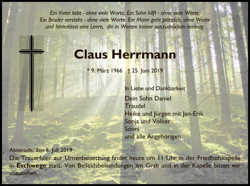  Traueranzeige für Claus Herrmann vom 06.07.2019 aus Eschwege