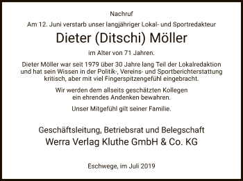 Traueranzeige von Dieter Möller von Eschwege