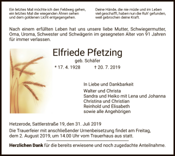 Traueranzeige von Elfriede Pfetzing von Eschwege