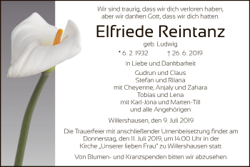 Traueranzeige von Elfriede Reintanz von Eschwege