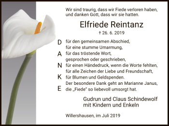 Traueranzeige von Elfriede Reintanz von Eschwege