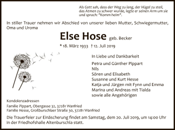 Traueranzeige von Else Hose von Eschwege