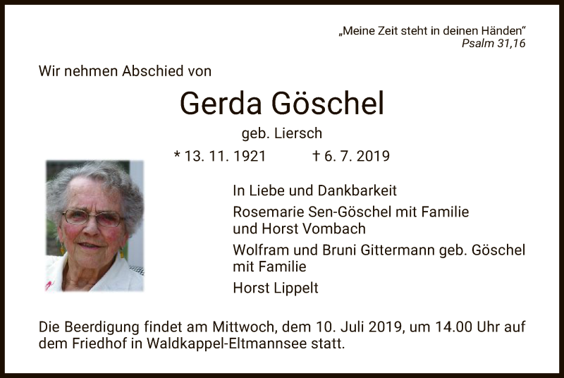  Traueranzeige für Gerda Göschel vom 09.07.2019 aus Eschwege