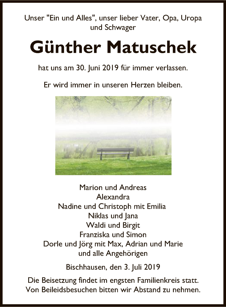  Traueranzeige für Günther Matuschek vom 03.07.2019 aus Eschwege
