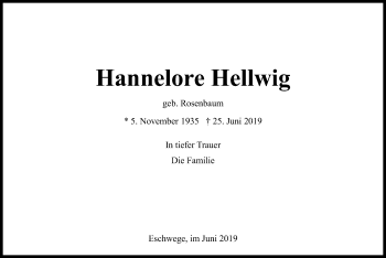 Traueranzeige von Hannelore Hellwig von Eschwege