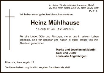 Traueranzeige von Heinz Mühlhause von Eschwege