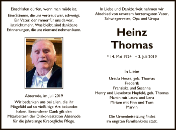 Traueranzeige von Heinz Thomas von Eschwege