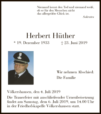 Traueranzeige von Herbert Hüther von Eschwege