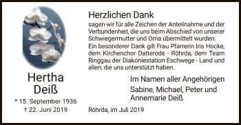 Traueranzeige von Hertha Deiß von Eschwege