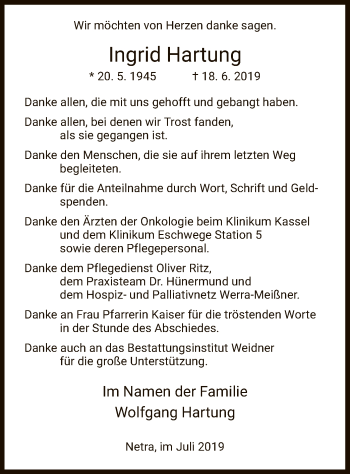 Traueranzeige von Ingrid Hartung von Eschwege