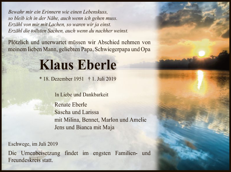  Traueranzeige für Klaus Eberle vom 06.07.2019 aus Eschwege
