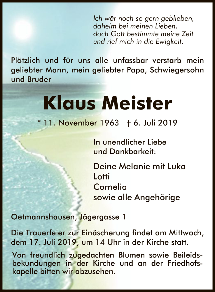  Traueranzeige für Klaus Meister vom 13.07.2019 aus Eschwege