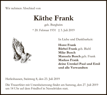 Traueranzeige von Käthe Frank von Eschwege