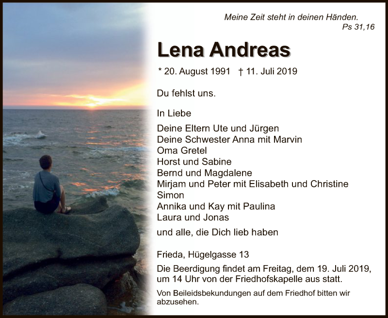  Traueranzeige für Lena Andreas vom 17.07.2019 aus Eschwege