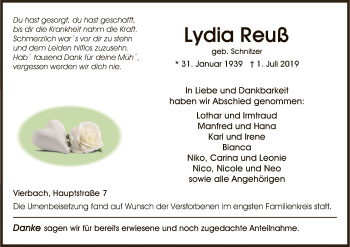 Traueranzeige von Lydia Reuß von Eschwege