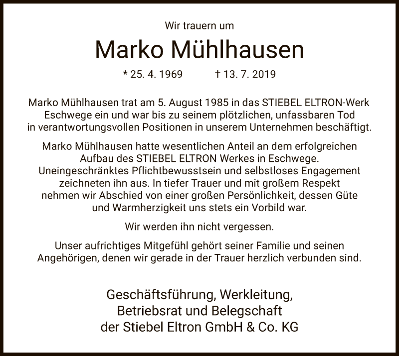  Traueranzeige für Marko Mühlhausen vom 18.07.2019 aus Eschwege
