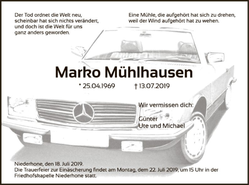  Traueranzeige für Marko Mühlhausen vom 18.07.2019 aus Eschwege
