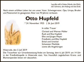 Traueranzeige von Otto Hupfeld von Eschwege