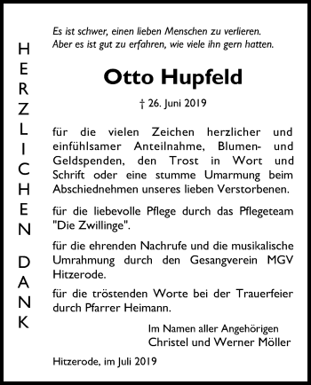 Traueranzeige von Otto Hupfeld von Eschwege