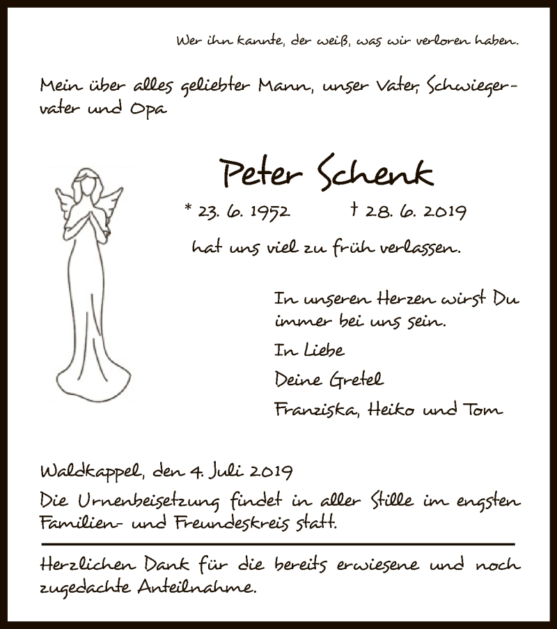  Traueranzeige für Peter Schenk vom 04.07.2019 aus Eschwege