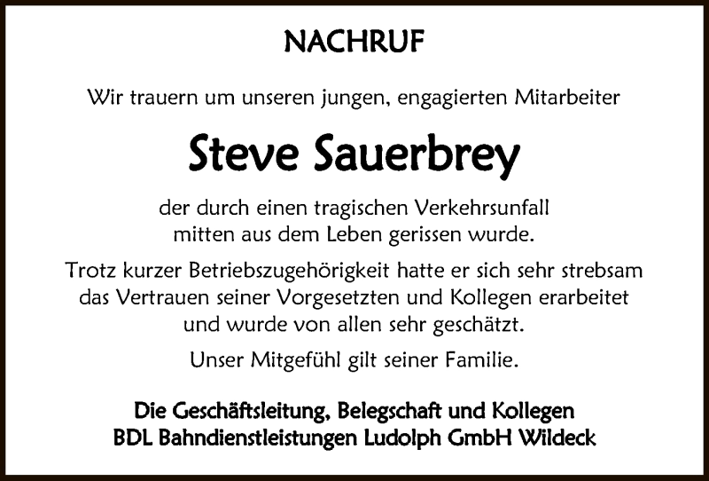  Traueranzeige für Steve Sauerbrey vom 20.07.2019 aus Eschwege