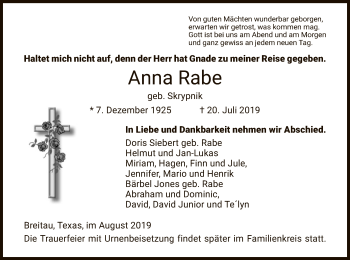 Traueranzeige von Anna Rabe von Eschwege