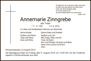 Traueranzeige von Annemarie Zinngrebe von Eschwege