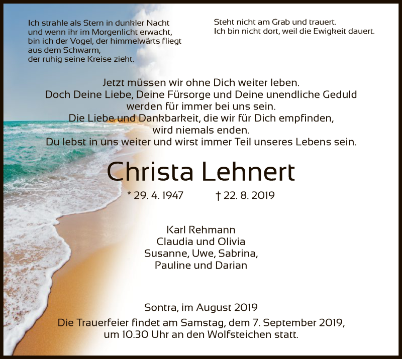  Traueranzeige für Christa Lehnert vom 31.08.2019 aus Eschwege
