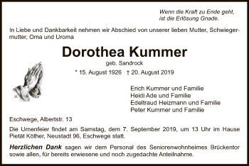 Traueranzeige von Dorothea Kummer von Eschwege