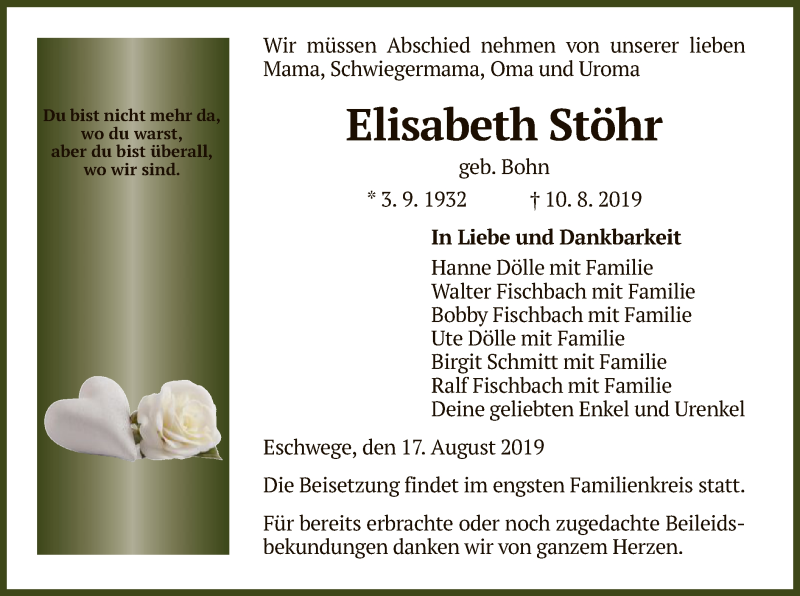 Traueranzeige für Elisabeth Stöhr vom 17.08.2019 aus Eschwege