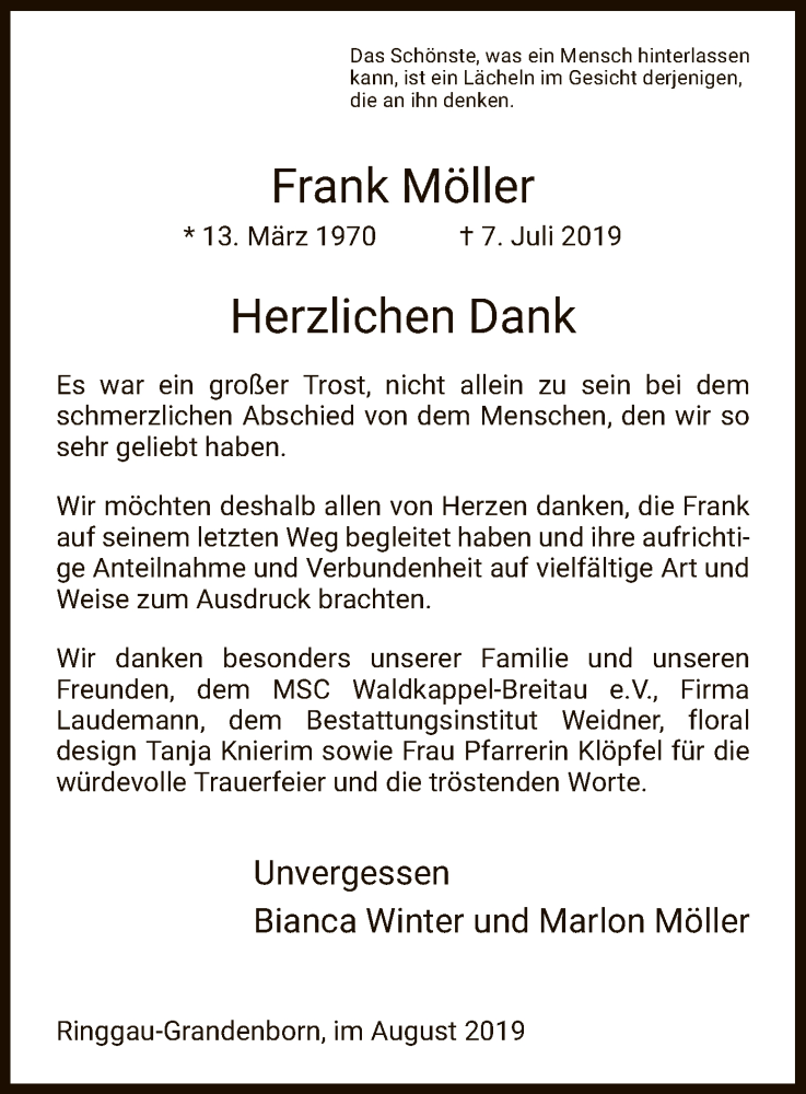  Traueranzeige für Frank Möller vom 24.08.2019 aus Eschwege