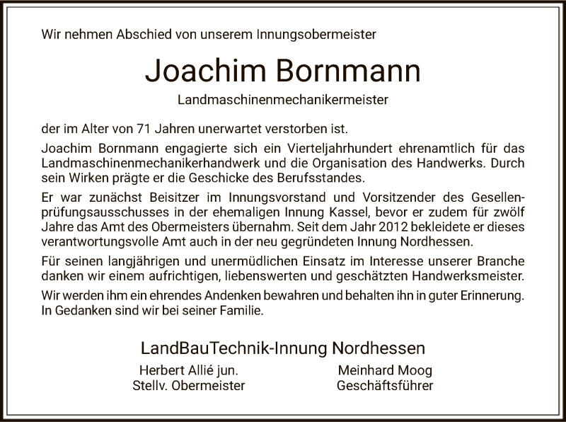  Traueranzeige für Joachim Bornmann vom 27.08.2019 aus Eschwege
