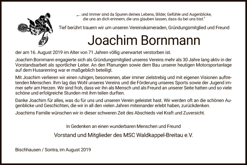  Traueranzeige für Joachim Bornmann vom 29.08.2019 aus Eschwege