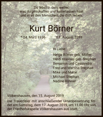 Traueranzeige von Kurt Börner von Eschwege