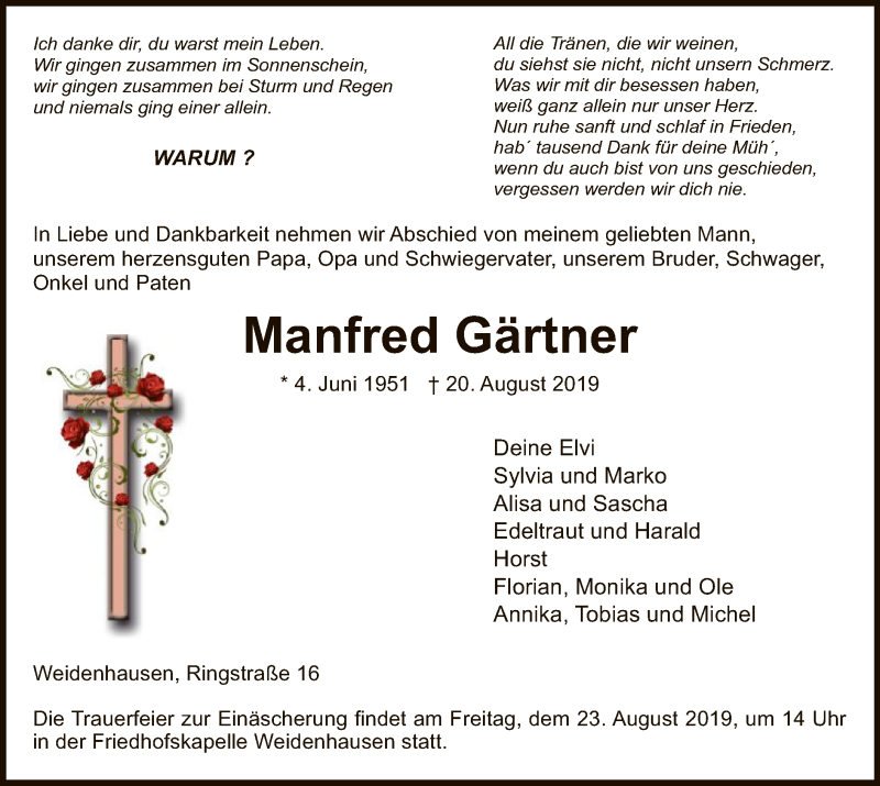  Traueranzeige für Manfred Gärtner vom 22.08.2019 aus Eschwege